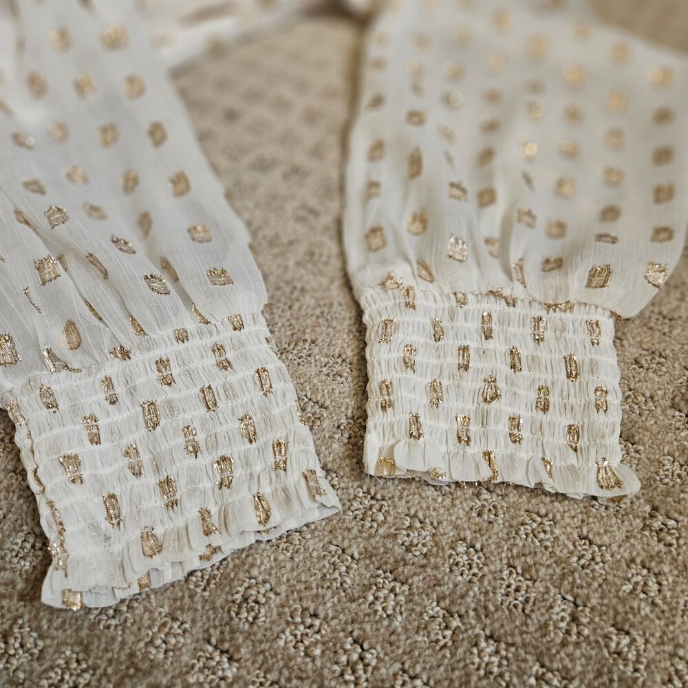 LOFT Clip Ruffle Smocked Blouse Women SZ Medium gauzy top lightweight lined Gold - Picture 15 of 15